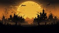 copy space, City panorama in halloween style. Scary halloween isolated background. Orange and yellow background.