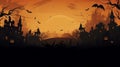 copy space, City panorama in halloween style. Scary halloween isolated background. Orange and yellow background. Illustration.