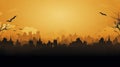 copy space, City panorama in halloween style. Scary halloween isolated background. Orange and yellow background