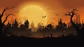 copy space, City panorama in halloween style. Scary halloween isolated background. Orange and yellow background.