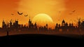 copy space, City panorama in halloween style. Scary halloween isolated background. Orange and yellow background