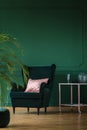 Empty dark green wall of stylish living room with comfortable armchair and pastel pink coffee table