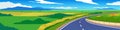 Copy Space Flat Vector Illustration. of curved asphalt road path and environment of wide open fields of green. Royalty Free Stock Photo