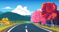 Curved asphalt road path and environment of wide open fields of spring. Royalty Free Stock Photo