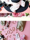 Fashion set accessories gold jewelry roses petal   summer  hat phone women clothes  sunglasses  colorful pink blue red Royalty Free Stock Photo