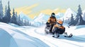 copy space, Hand-drawn cartoon snowmobiler flat art Illustrations in minimalist vector style. Driver on a snowscoote Royalty Free Stock Photo