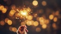 copy space, Hand holding burning Sparkler blast on a black bokeh background at night, holiday celebration event party. Background Royalty Free Stock Photo