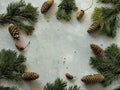 Copy space.Happy New Year and Merry Christmas. Congratulatory background concept with Christmas tree branches and pine cones on a