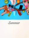 Women accessories Relax Girl bikini handbag bags sunglasses summer holiday travel mobile Royalty Free Stock Photo