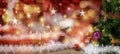 Copy space on left. Christmas Tree In Bokeh and red Background. Ornament And Abstract Defocused Lights. Concept Christmas Day, Royalty Free Stock Photo