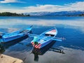 Copy space. Look at the sea. Fishing boats under sun. Fishing boat at burung mandi beach. Commercial fishing boats go out to fish Royalty Free Stock Photo