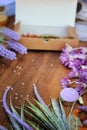 Copy space old wooden background with aromatic lavender