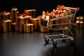 Copy space provided alongside a golden shopping cart overflowing with gifts