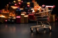 Copy space provided alongside a golden shopping cart overflowing with gifts