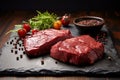 Copy space on a rustic table showcasing fresh raw meat