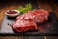 Copy space on a rustic table showcasing fresh raw meat