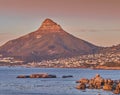 Copy space with scenic landscape view of a coastal town along Lions Head mountain in Cape Town, South Africa against a