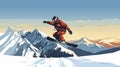 copy space, simple vector illustration, simple colors, Snowboarding, jumping snowboarder in snowy mountains background Royalty Free Stock Photo