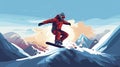 copy space, simple vector illustration, simple colors, Snowboarding, jumping snowboarder in snowy mountains background Royalty Free Stock Photo