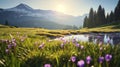 copy space, stockphoto, beautiful alpine meadow with wild purple narcisses during spring time, warm morning light. Royalty Free Stock Photo