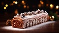 copy space, stockphoto a beautiful decorated Christmas cake, Christmas Buche, BÃ»che. Christmas celebration, merry Christmas