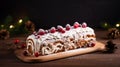 copy space, stockphoto a beautiful decorated Christmas cake, Christmas Buche, BÃ»che. Christmas celebration, merry Christmas