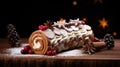 copy space, stockphoto a beautiful decorated Christmas cake, Christmas Buche, BÃ»che. Christmas celebration, merry Christmas