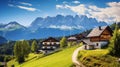 copy space, stockphoto, beautiful view on a traditional austrian little village in the mountains, magestic mountains