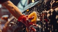 copy space, stockphoto, close up hands cleaning car with sponge and soap. Reducing water consumation. Sustainability concept