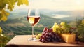 copy space, stockphoto, Grape wine in glass , Bunch of grapes on the table and cheese. Vineyard in the background. Royalty Free Stock Photo