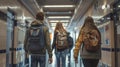 copy space, stockphoto, Hallway of a highschool with male and female students walking. Lights are on. View from the back