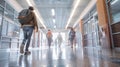 copy space, stockphoto, Hallway of a highschool with male and female students walking. Lights are on. View from the back