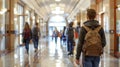 copy space, stockphoto, Hallway of a highschool with male and female students walking. Lights are on. View from the back