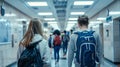 copy space, stockphoto, Hallway of a highschool with male and female students walking. Lights are on. View from the back