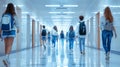 copy space, stockphoto, Hallway of a highschool with male and female students walking. Lights are on. View from the back