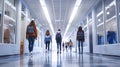 copy space, stockphoto, Hallway of a highschool with male and female students walking. Lights are on. View from the back