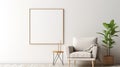 copy space, stockphoto, minimalist cozy healing living room blank frame mockup. Beautiful simple view on a couch and table