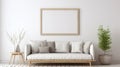 copy space, stockphoto, minimalist cozy healing living room blank frame mockup. Beautiful simple view on a couch and table