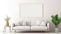 copy space, stockphoto, minimalist cozy healing living room blank frame mockup. Beautiful simple view on a couch and table