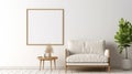 copy space, stockphoto, minimalist cozy healing living room blank frame mockup. Beautiful simple view on a couch and table