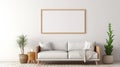 copy space, stockphoto, minimalist cozy healing living room blank frame mockup. Beautiful simple view on a couch and table.