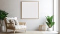 copy space, stockphoto, minimalist cozy healing living room blank frame mockup. Beautiful simple view on a couch and table