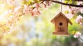 copy space, stockphoto, stockphoto, bird house hanging in a tree with on blurred spring outdoor background.