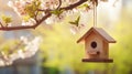 copy space, stockphoto, stockphoto, bird house hanging in a tree with on blurred spring outdoor background.