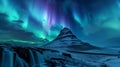 copy space, stockphoto, wonderful night view of icelandic kirkjufell mountain during winter with amazing northern lights above