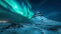 copy space, stockphoto, wonderful night view of icelandic kirkjufell mountain during winter with amazing northern lights above