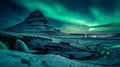 copy space, stockphoto, wonderful night view of icelandic kirkjufell mountain during winter with amazing northern lights above