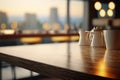 Copy space of table top counter on blur bokeh coffee cafe abstract background with morning sunlight from window. Generative AI