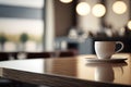 Copy space of table top counter on blur bokeh coffee cafe abstract background with morning sunlight from window. Generative AI