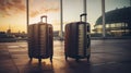 copy space, Two suitcases at the airport, with airplane in the background and sunset light. Waiting to catch a flight. Royalty Free Stock Photo